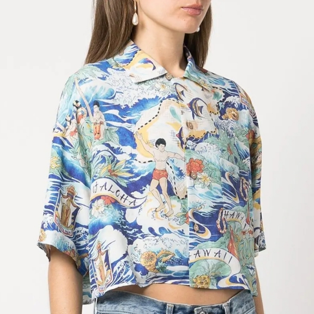 R13 Cropped Hawaiian Buttoned Shirt Japanesse Fabric Resortwear RARE!
